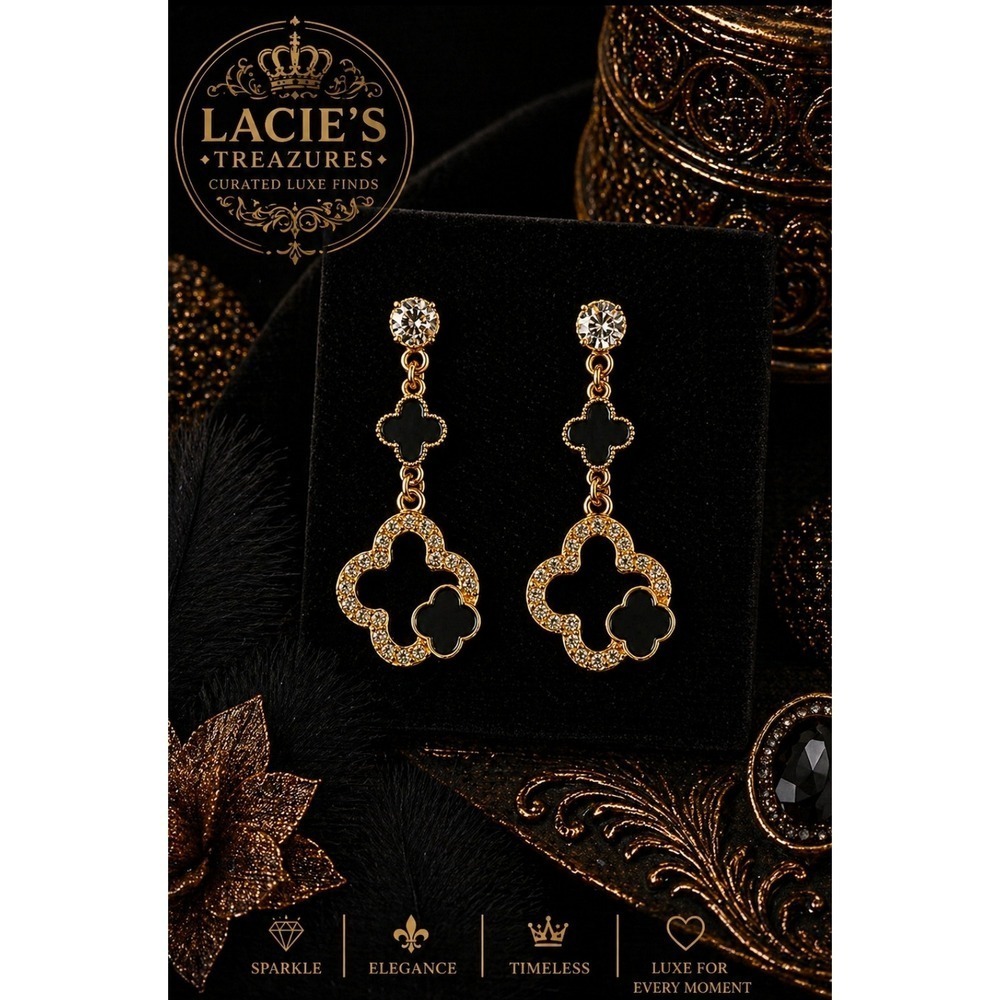 Black Clover Rhinestone Drop Earrings | Gold Tone Glam Luxe Dangle Earrings
